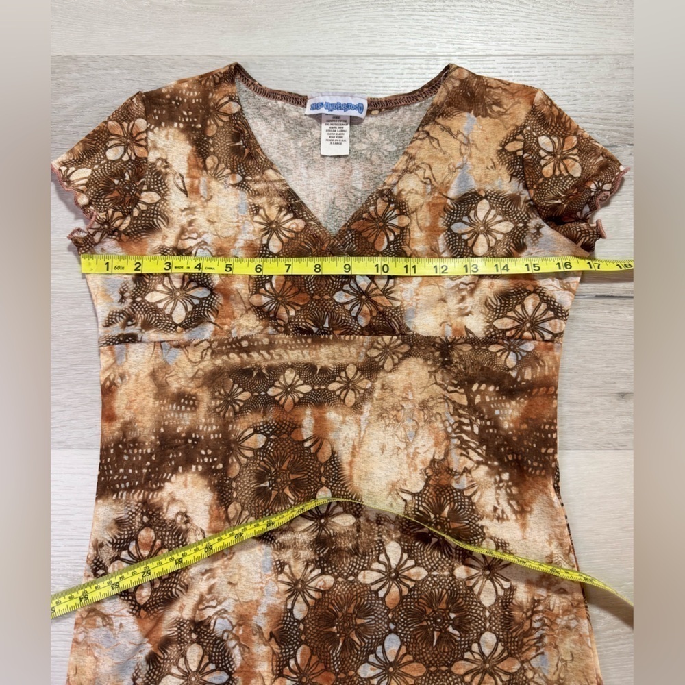 Y2K MissUnderstood V Neck Empire Mesh Brown Patterned Top, XL, fits like Medium - Picture 9 of 11